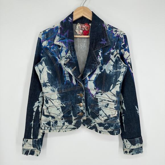 Vintage Handmade Y2k Denim Jacket Bleach Tue Dyed Hand Painted Denim Blazer DKNY - Picture 1 of 15